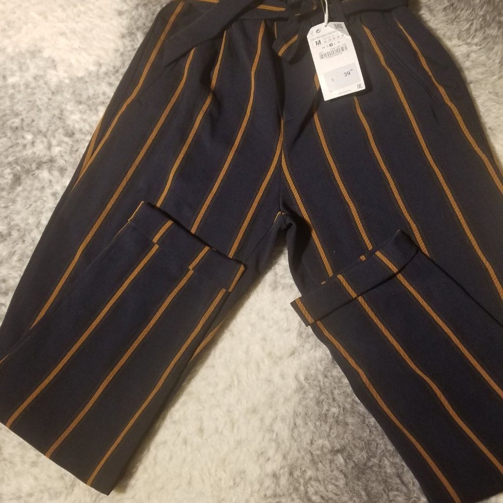 Zara Dark Navy Orange Striped Tie Waist Ankle Cropped Pant
